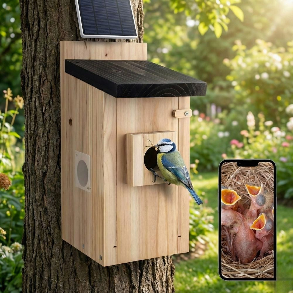 NaturaScope SolarNest – Nichoir Solaire Connecté Sans Fil, Caméra 5MP WiFi & Vision Nocturne