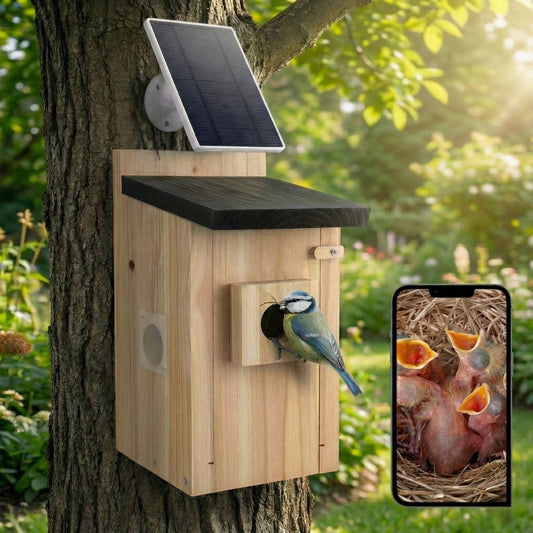 NaturaScope SolarNest – Nichoir Solaire Connecté Sans Fil, Caméra 5MP WiFi & Vision Nocturne
